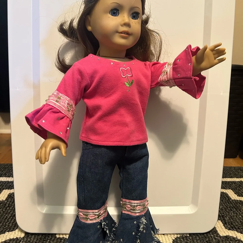 18” Doll 3 Piece Set with Embellished Jeans & Bell Sleeve Top